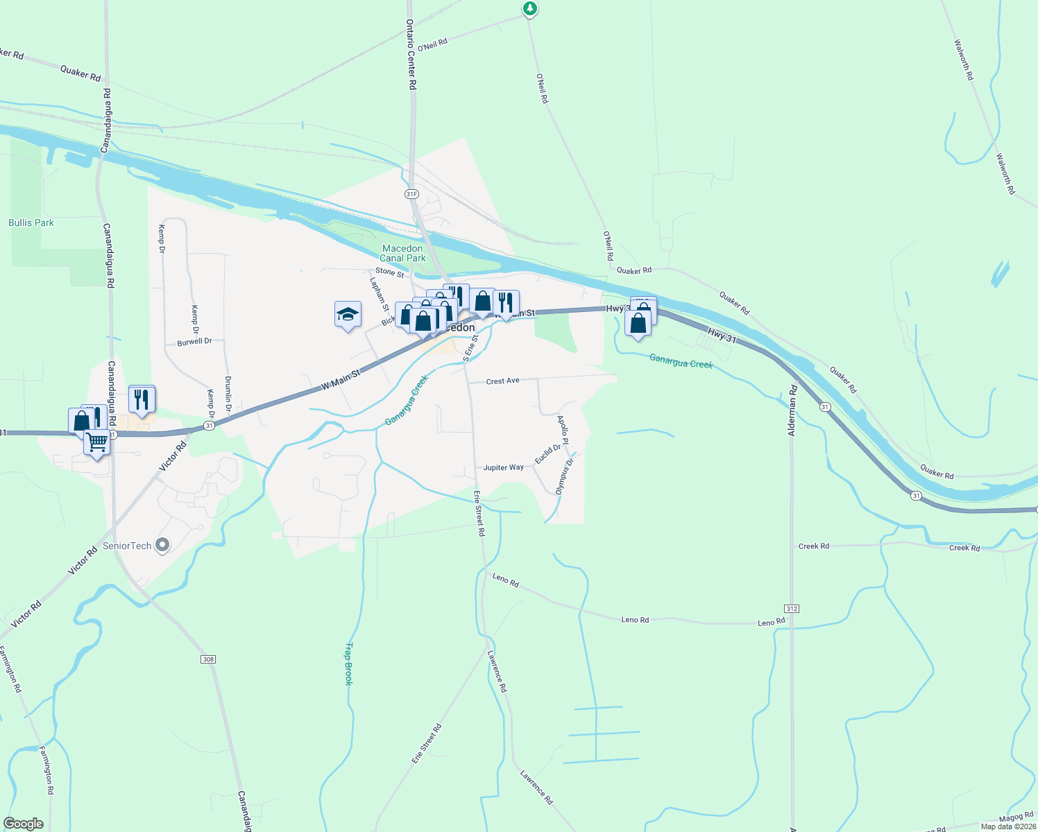 map of restaurants, bars, coffee shops, grocery stores, and more near 9 Southview Cir in Macedon