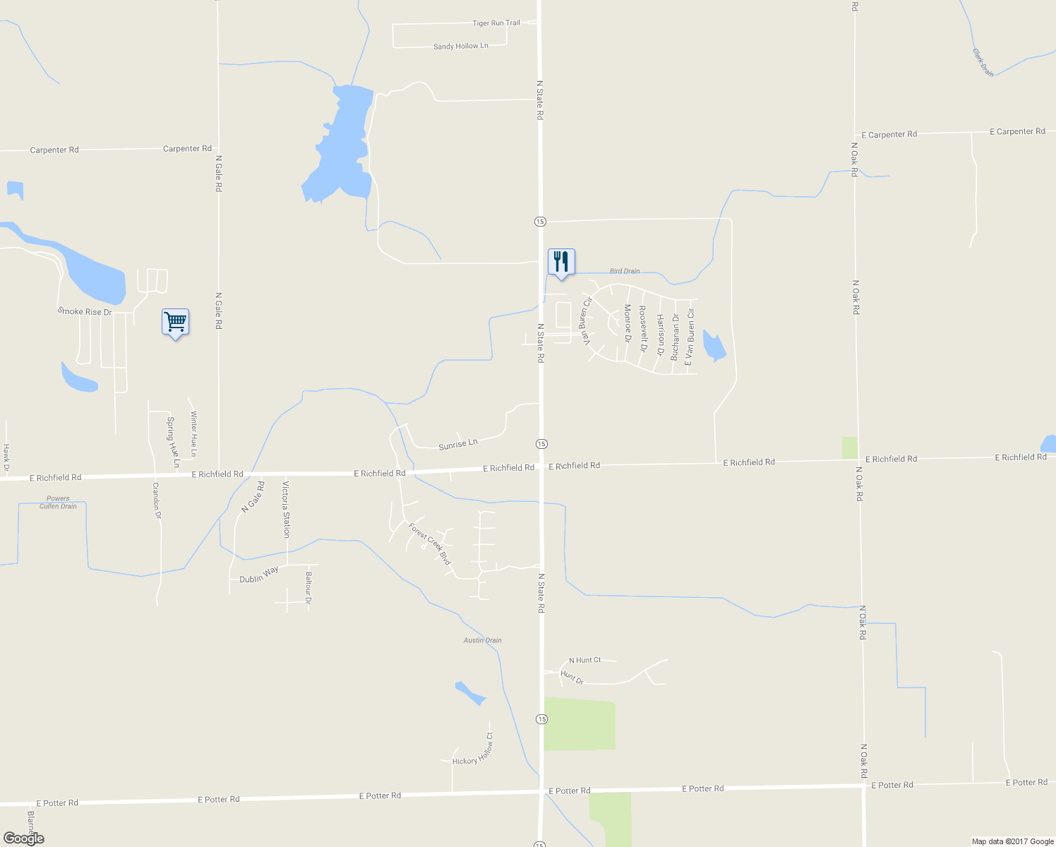 map of restaurants, bars, coffee shops, grocery stores, and more near 4091 North State Road in Davison