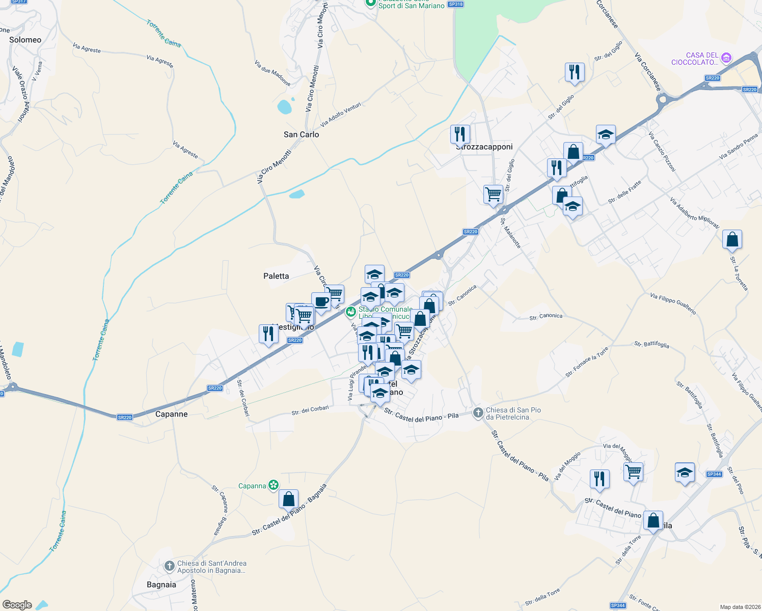 map of restaurants, bars, coffee shops, grocery stores, and more near 188 Via Pievaiola in Castel del Piano