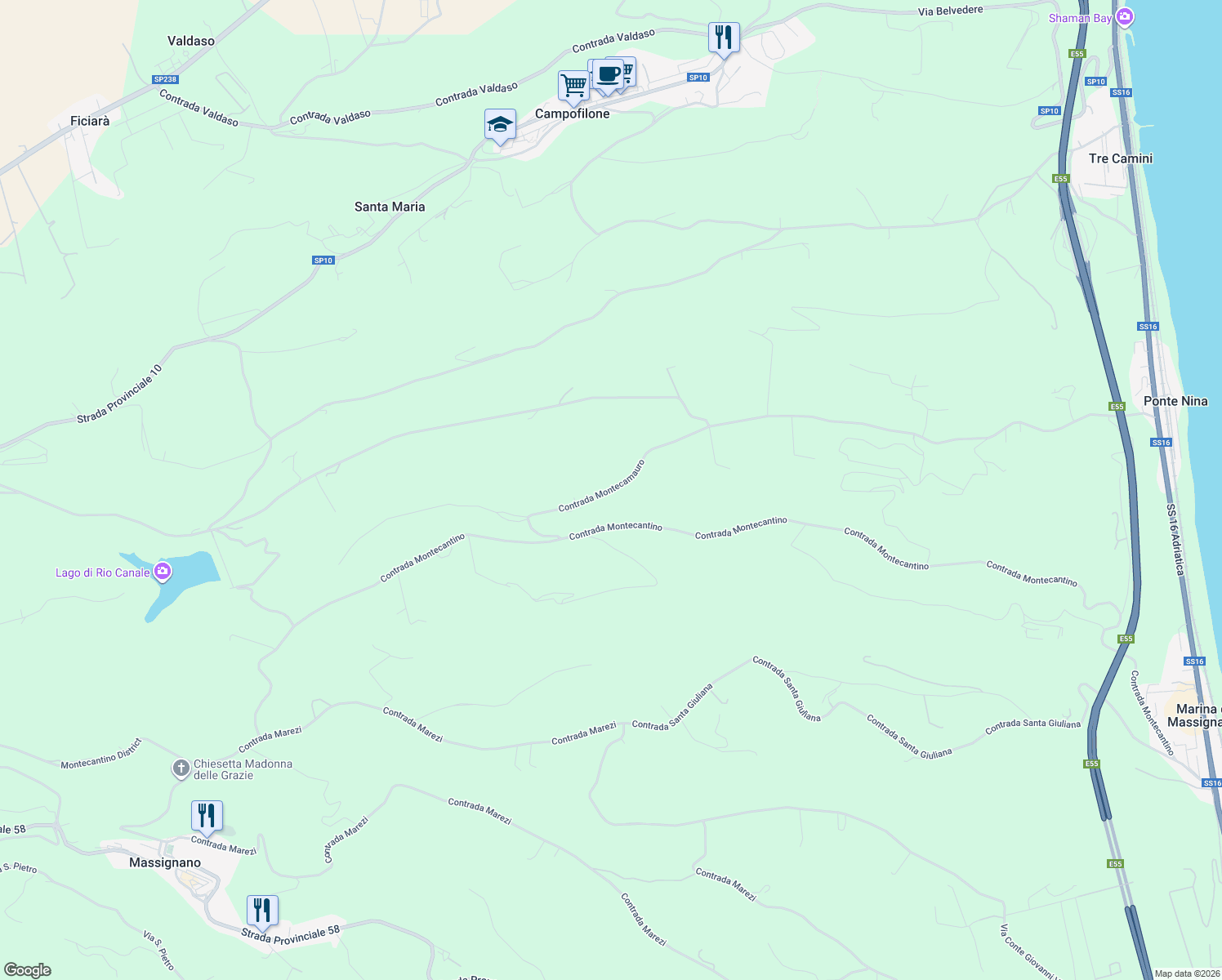 map of restaurants, bars, coffee shops, grocery stores, and more near 71 Contrada Montecamauro in Provincia di Fermo