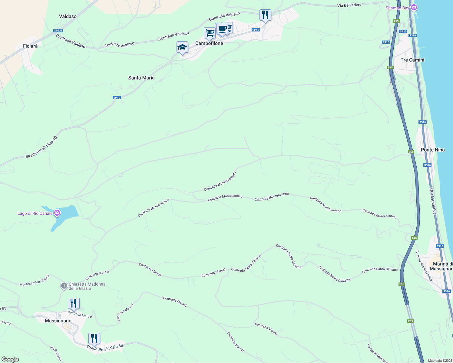 map of restaurants, bars, coffee shops, grocery stores, and more near 71 Contrada Montecamauro in Provincia di Fermo