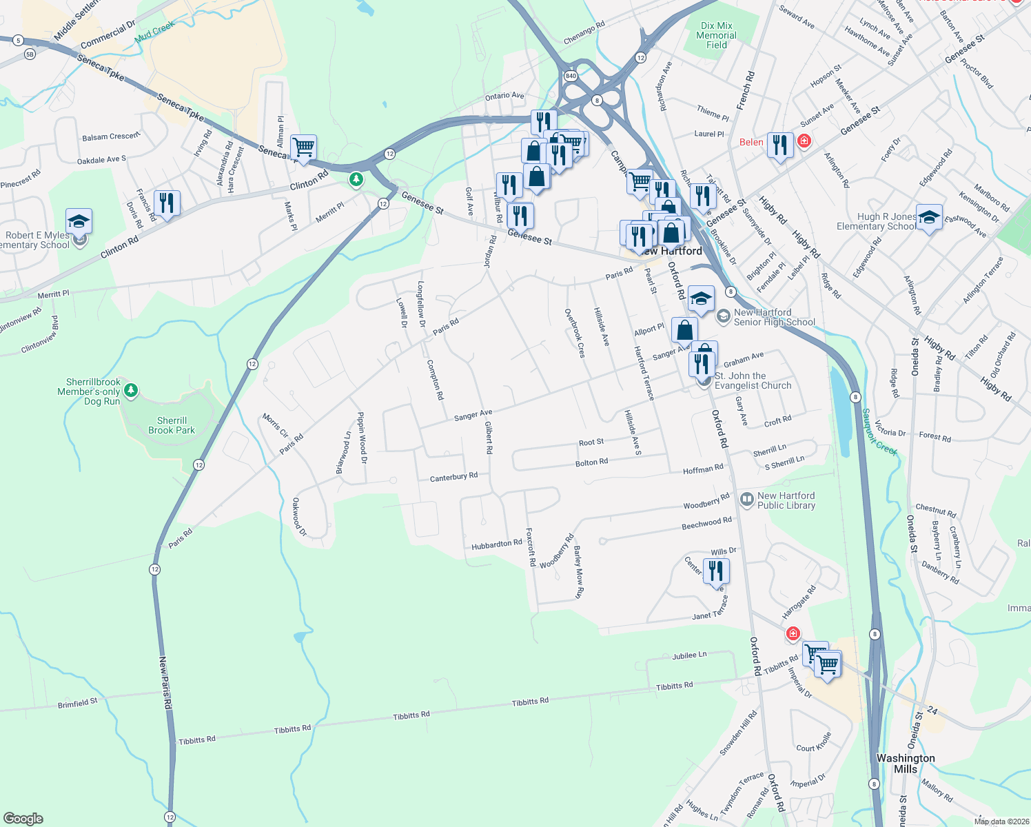 map of restaurants, bars, coffee shops, grocery stores, and more near 97 Sanger Avenue in New Hartford