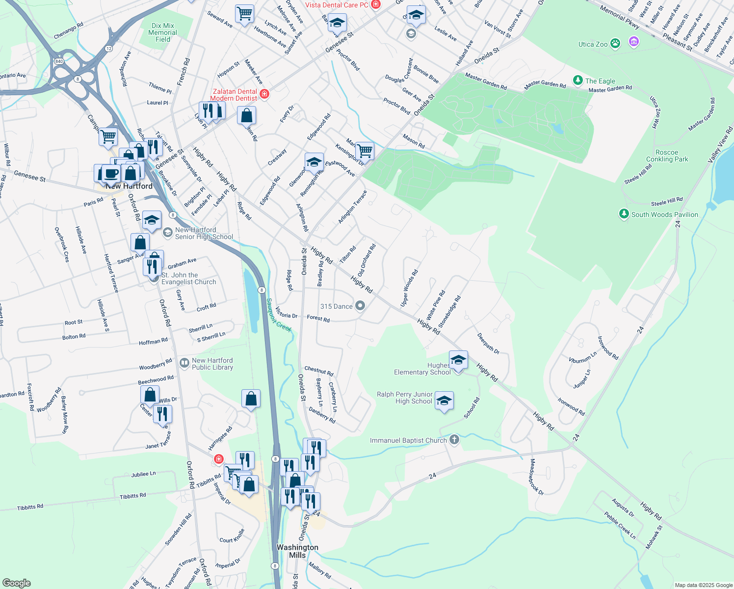 map of restaurants, bars, coffee shops, grocery stores, and more near 234 Higby Rd in Utica