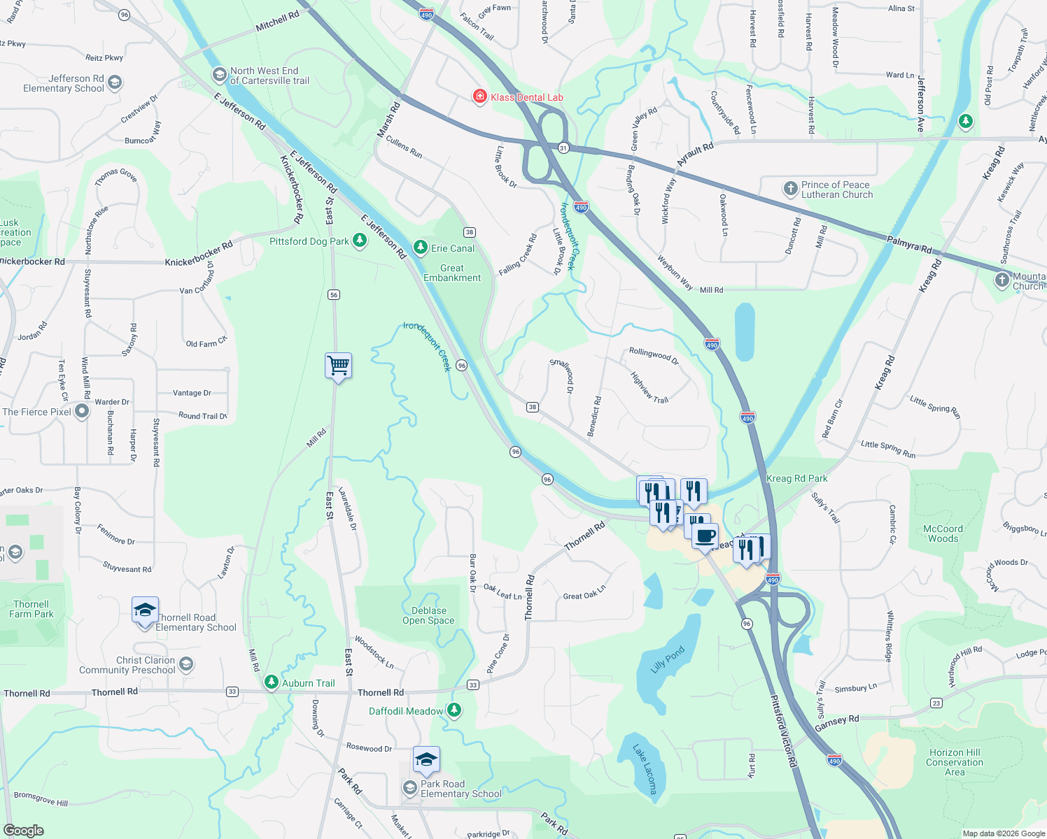 map of restaurants, bars, coffee shops, grocery stores, and more near 1217 Marsh Rd in Pittsford