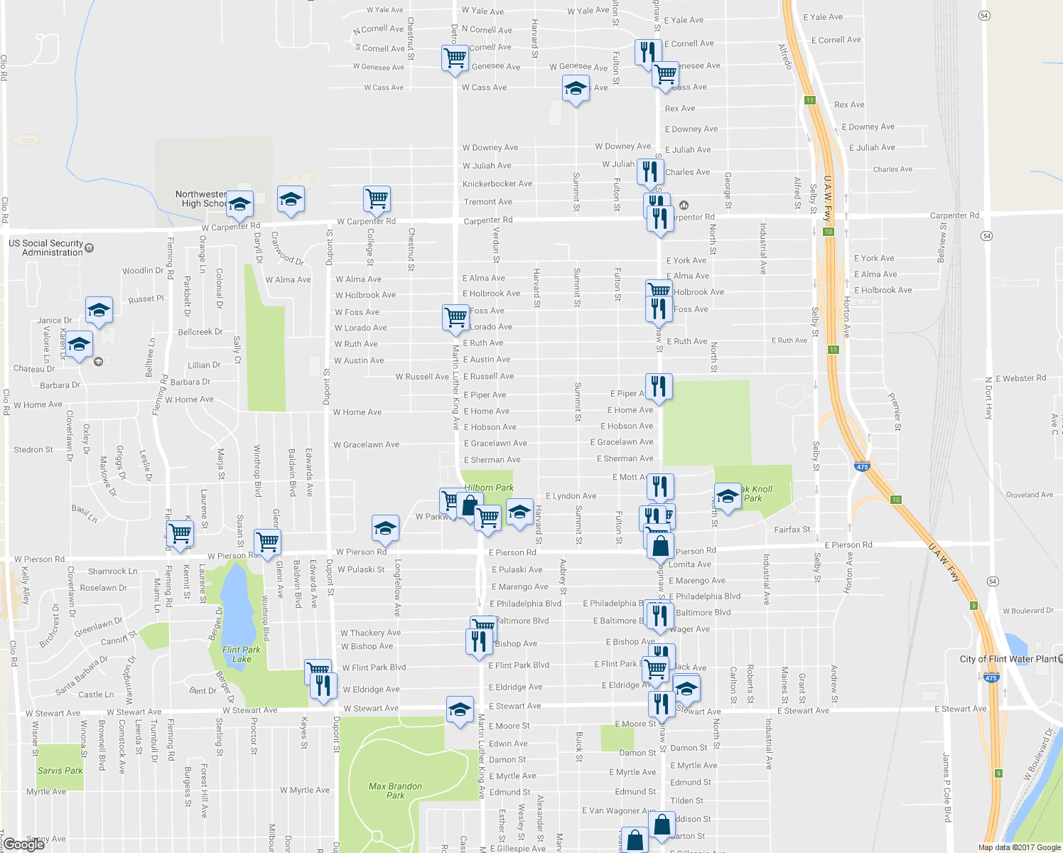 map of restaurants, bars, coffee shops, grocery stores, and more near 257 East Hobson Avenue in Flint
