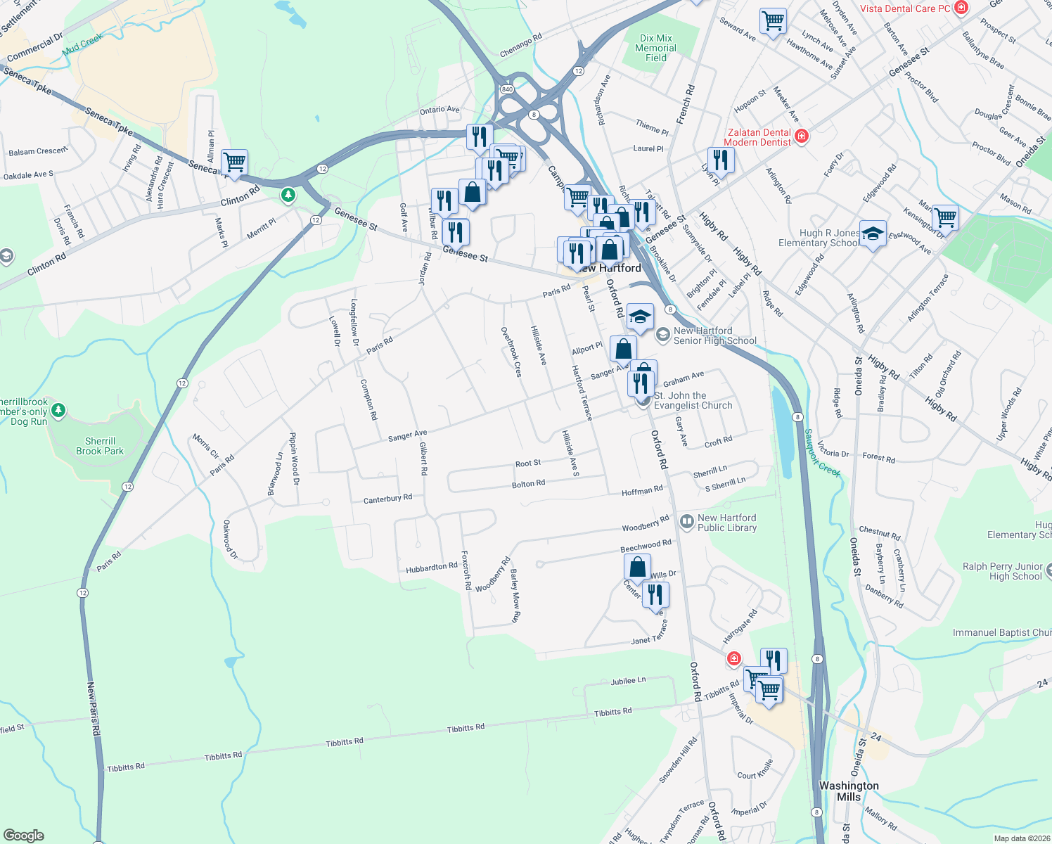 map of restaurants, bars, coffee shops, grocery stores, and more near 5 Terrace Hill Dr in New Hartford