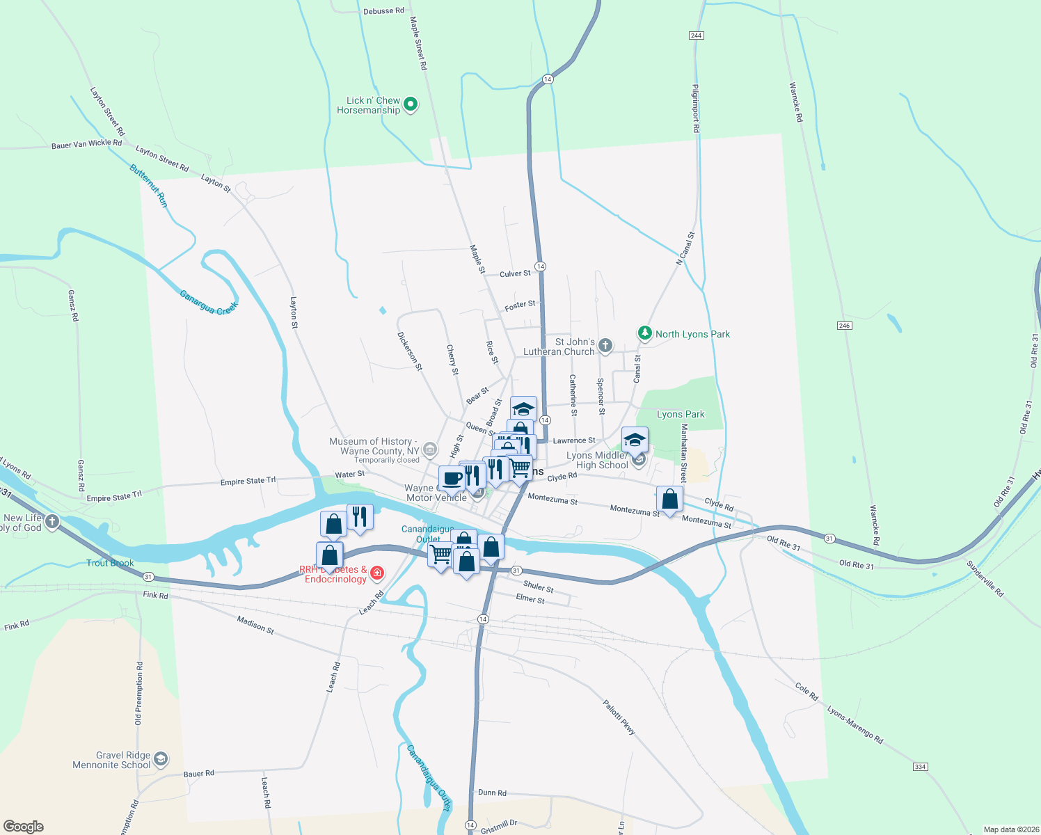 map of restaurants, bars, coffee shops, grocery stores, and more near 104 William Street in Lyons
