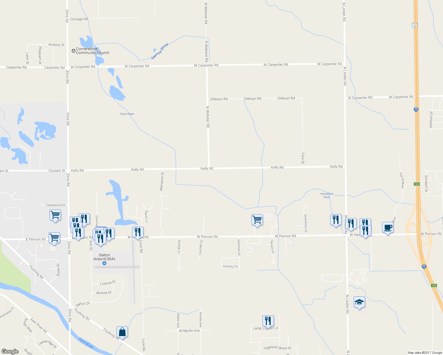 map of restaurants, bars, coffee shops, grocery stores, and more near 5455 Kelly Road in Flint