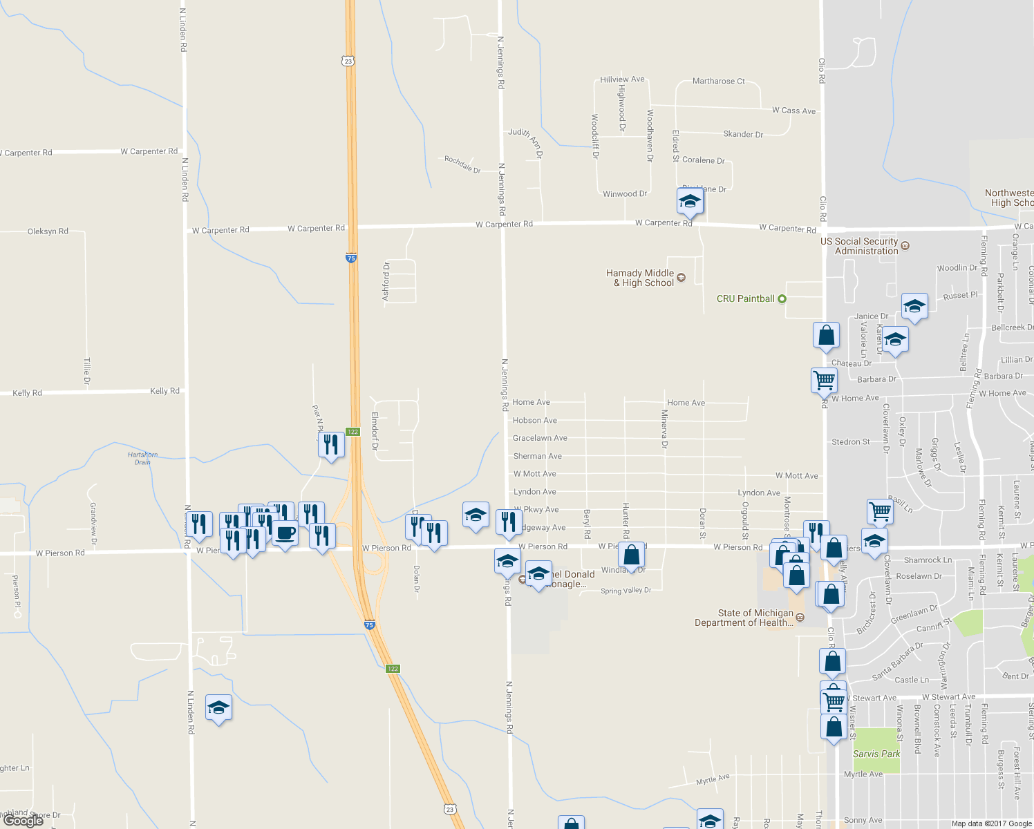 map of restaurants, bars, coffee shops, grocery stores, and more near 3504 Hobson Avenue in Flint