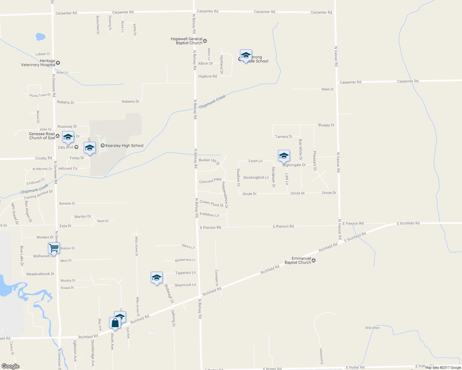 map of restaurants, bars, coffee shops, grocery stores, and more near 6132 Concord Pass in Flint