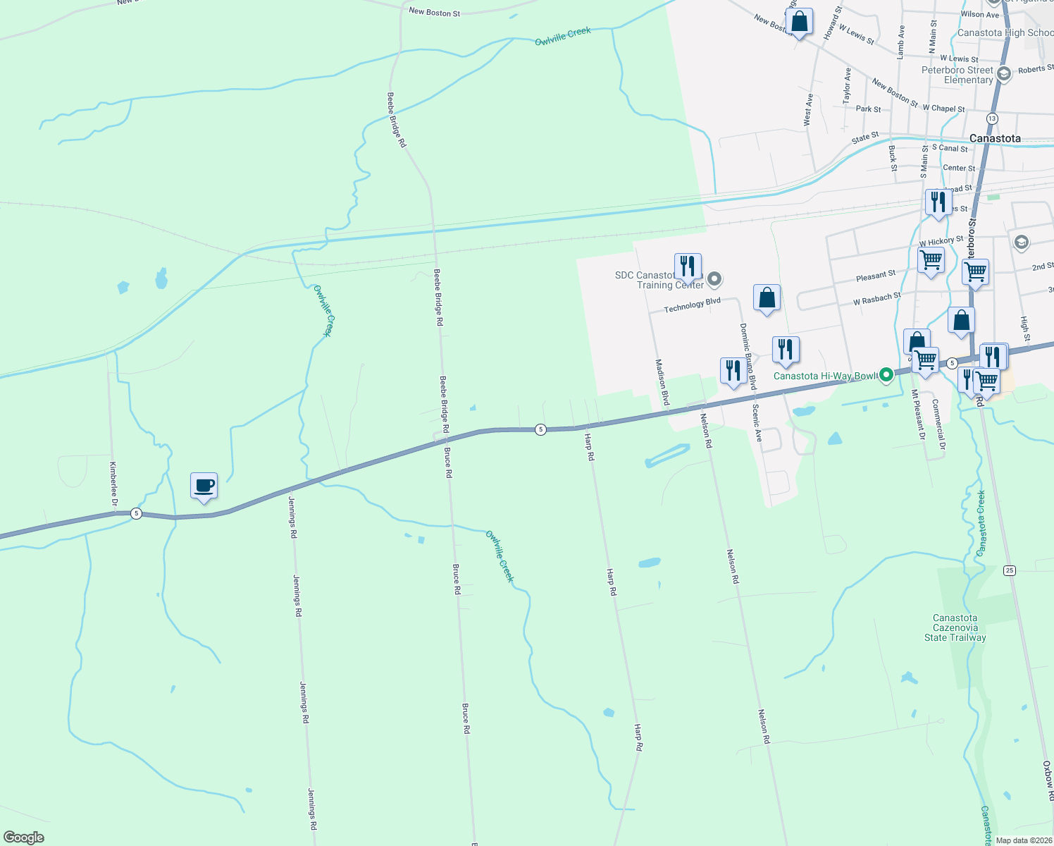 map of restaurants, bars, coffee shops, grocery stores, and more near 2977 Seneca Turnpike in Canastota