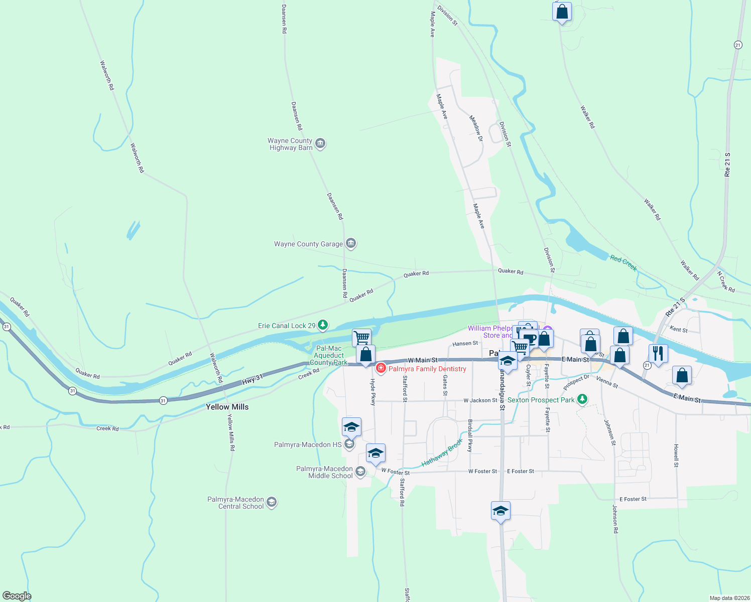 map of restaurants, bars, coffee shops, grocery stores, and more near 2822 Quaker Road in Palmyra