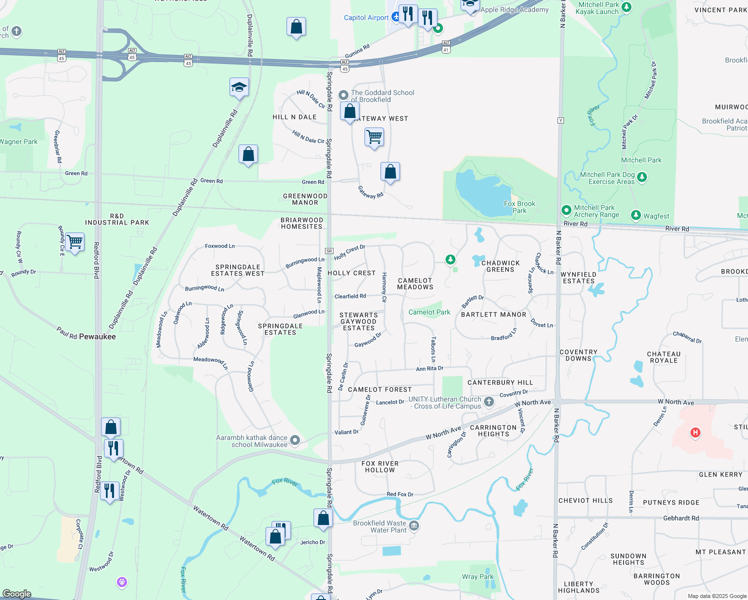 map of restaurants, bars, coffee shops, grocery stores, and more near 21705 Clearfield Rd in Brookfield