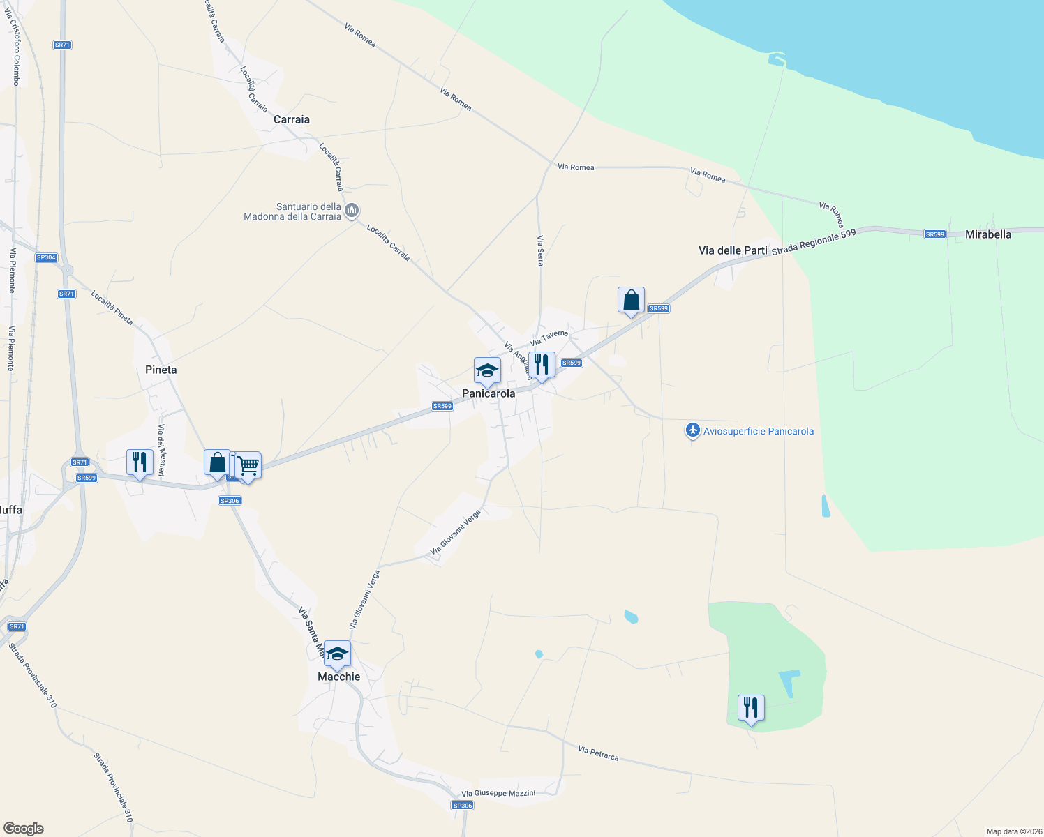 map of restaurants, bars, coffee shops, grocery stores, and more near 6 Via XII Dicembre in Panicarola
