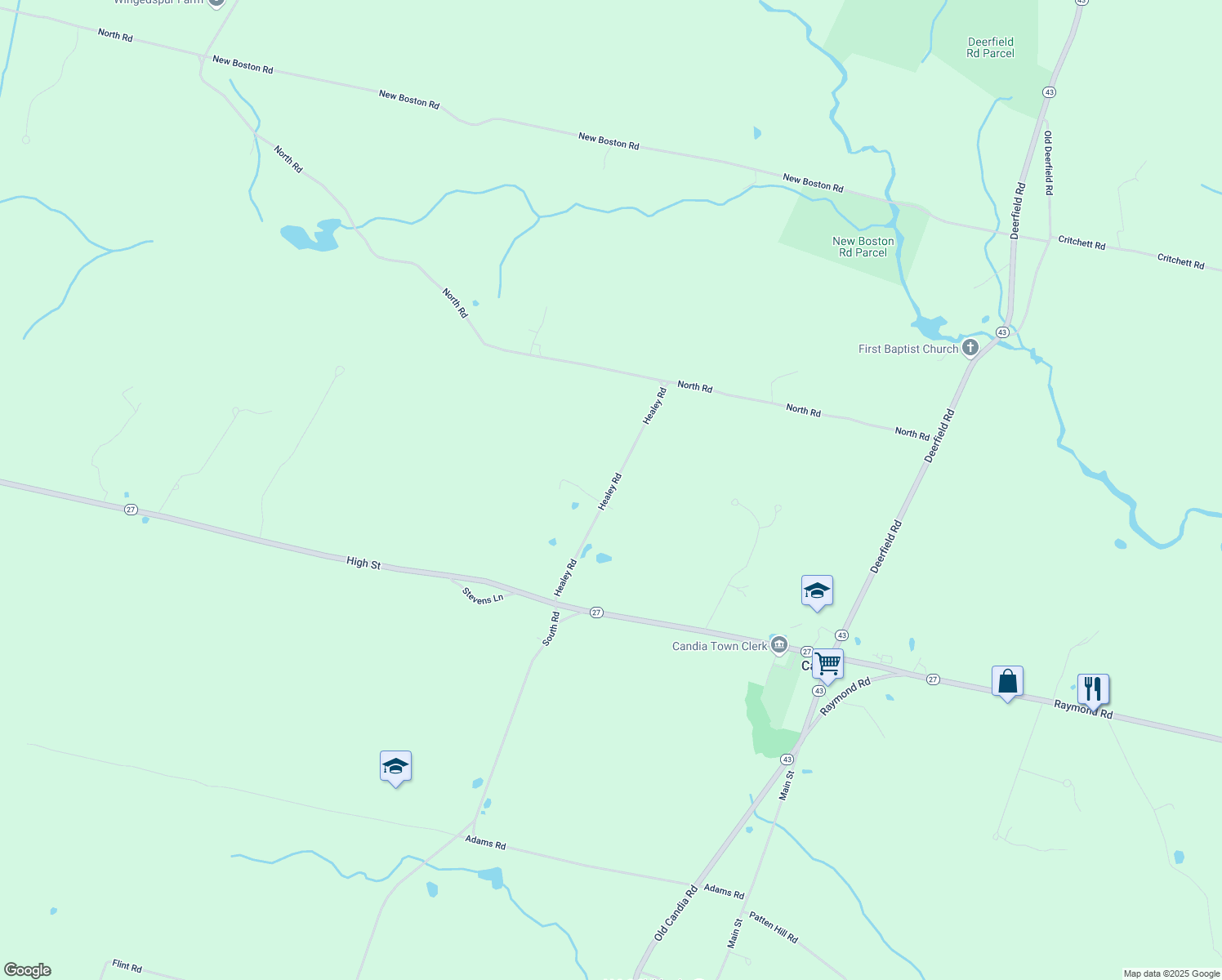 map of restaurants, bars, coffee shops, grocery stores, and more near 85 Healey Road in Candia