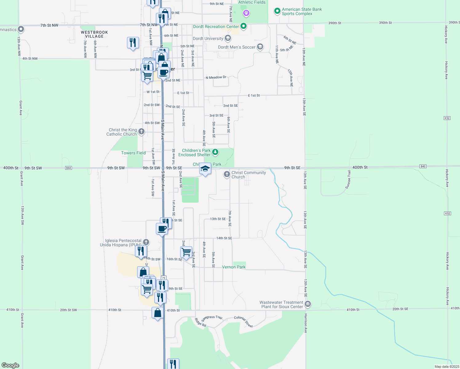 map of restaurants, bars, coffee shops, grocery stores, and more near 1199 7th Avenue Southeast in Sioux Center