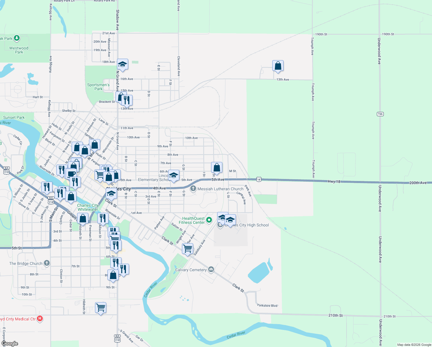 map of restaurants, bars, coffee shops, grocery stores, and more near 506 J Street in Charles City