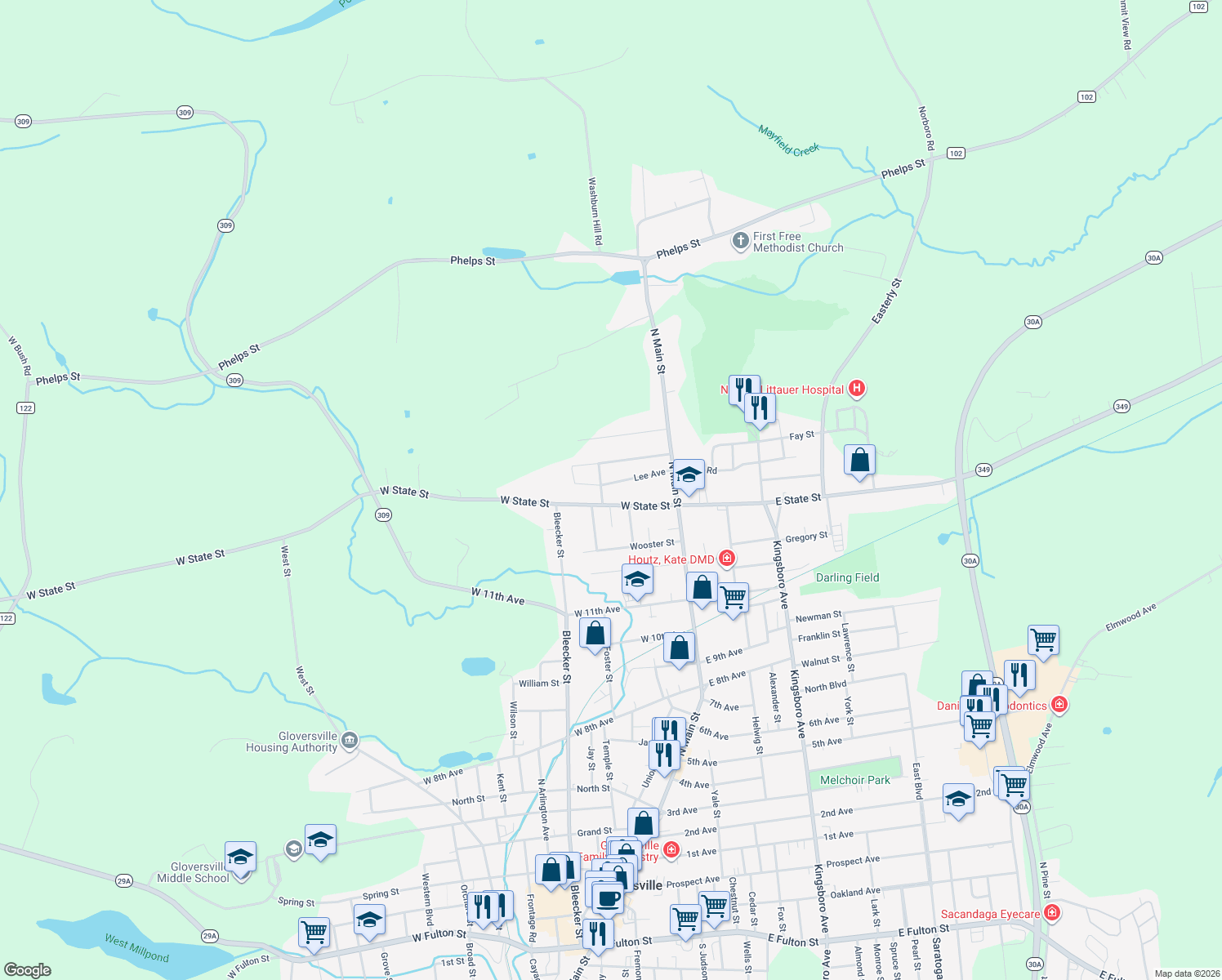 map of restaurants, bars, coffee shops, grocery stores, and more near 31 Lee Avenue in Gloversville