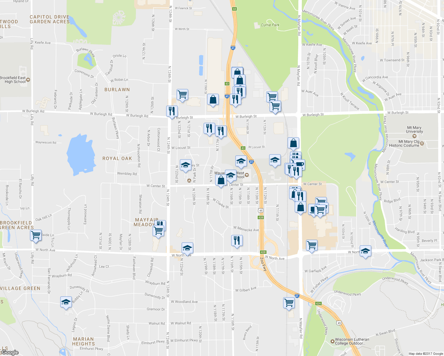 map of restaurants, bars, coffee shops, grocery stores, and more near 2732 Mayfair Court in Wauwatosa