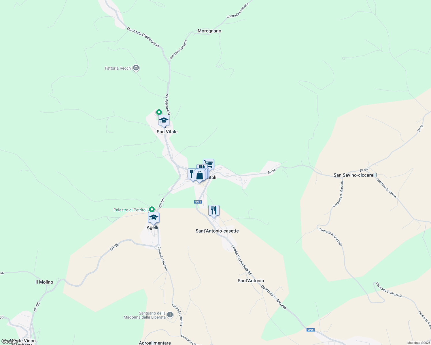 map of restaurants, bars, coffee shops, grocery stores, and more near 68 Via Roma in Fossombrone