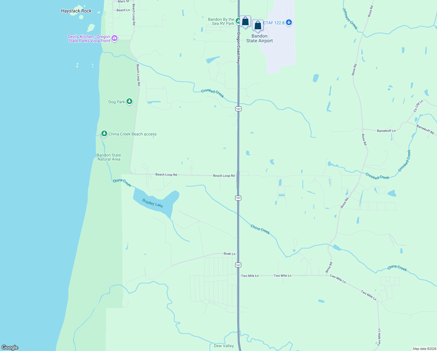 map of restaurants, bars, coffee shops, grocery stores, and more near 2165 Beach Loop Road in Bandon