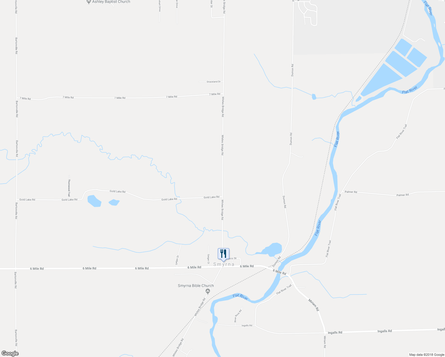 map of restaurants, bars, coffee shops, grocery stores, and more near 5626 Whites Bridge Road in Belding
