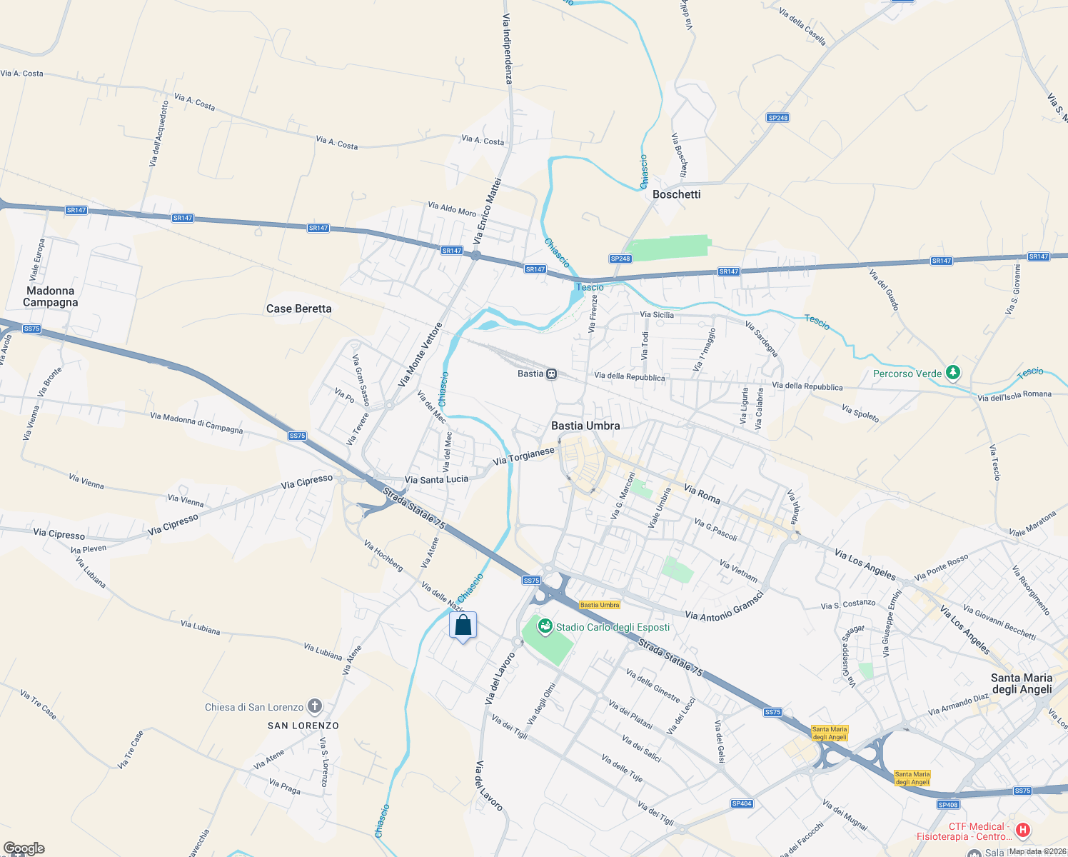 map of restaurants, bars, coffee shops, grocery stores, and more near Via Ignazio Silone in Bastia Umbra
