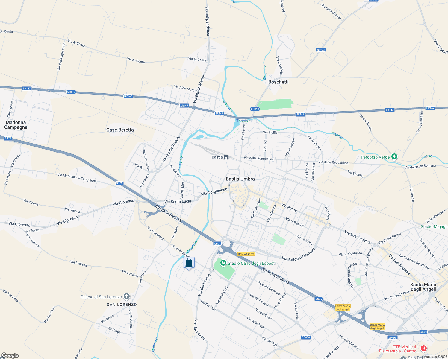 map of restaurants, bars, coffee shops, grocery stores, and more near Strada Rivierasca in Bastia Umbra