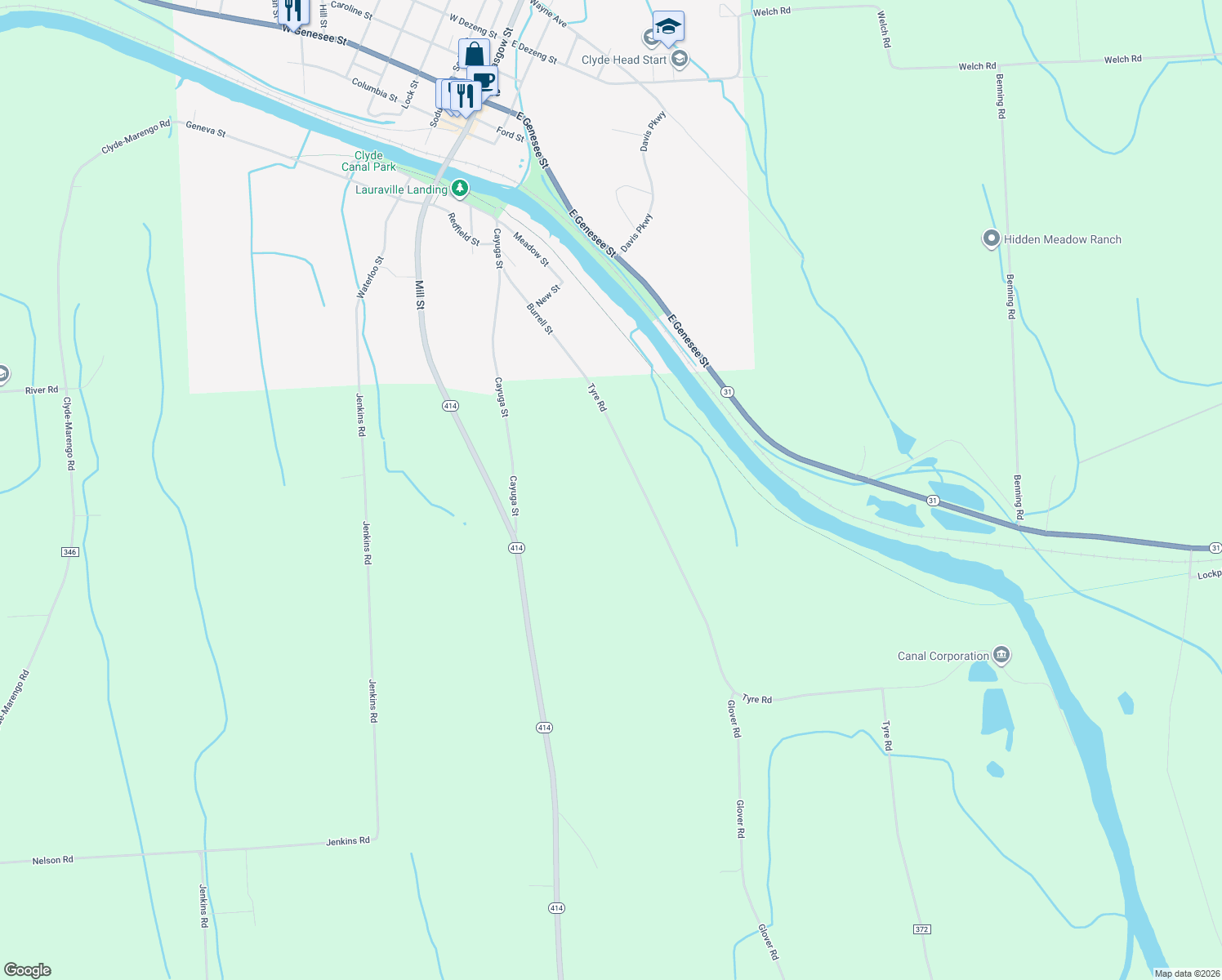 map of restaurants, bars, coffee shops, grocery stores, and more near 1625 Tyre Rd in Clyde