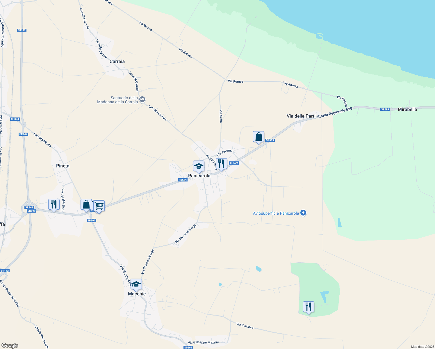 map of restaurants, bars, coffee shops, grocery stores, and more near 196 Via Trasimeno in Panicarola