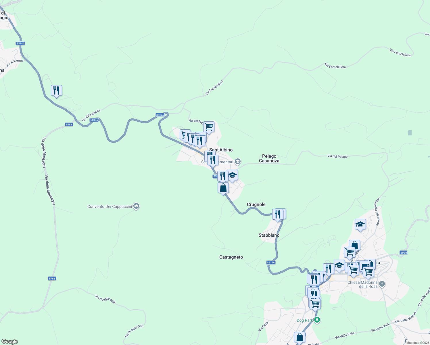 map of restaurants, bars, coffee shops, grocery stores, and more near 47 Strada Provinciale 146 "di Chianciano" in Sant'Albino