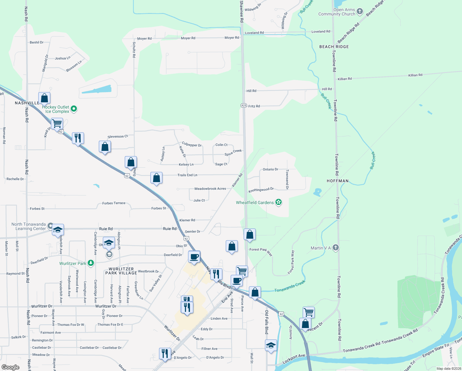 map of restaurants, bars, coffee shops, grocery stores, and more near 3725 Meadowbrook Acres in North Tonawanda