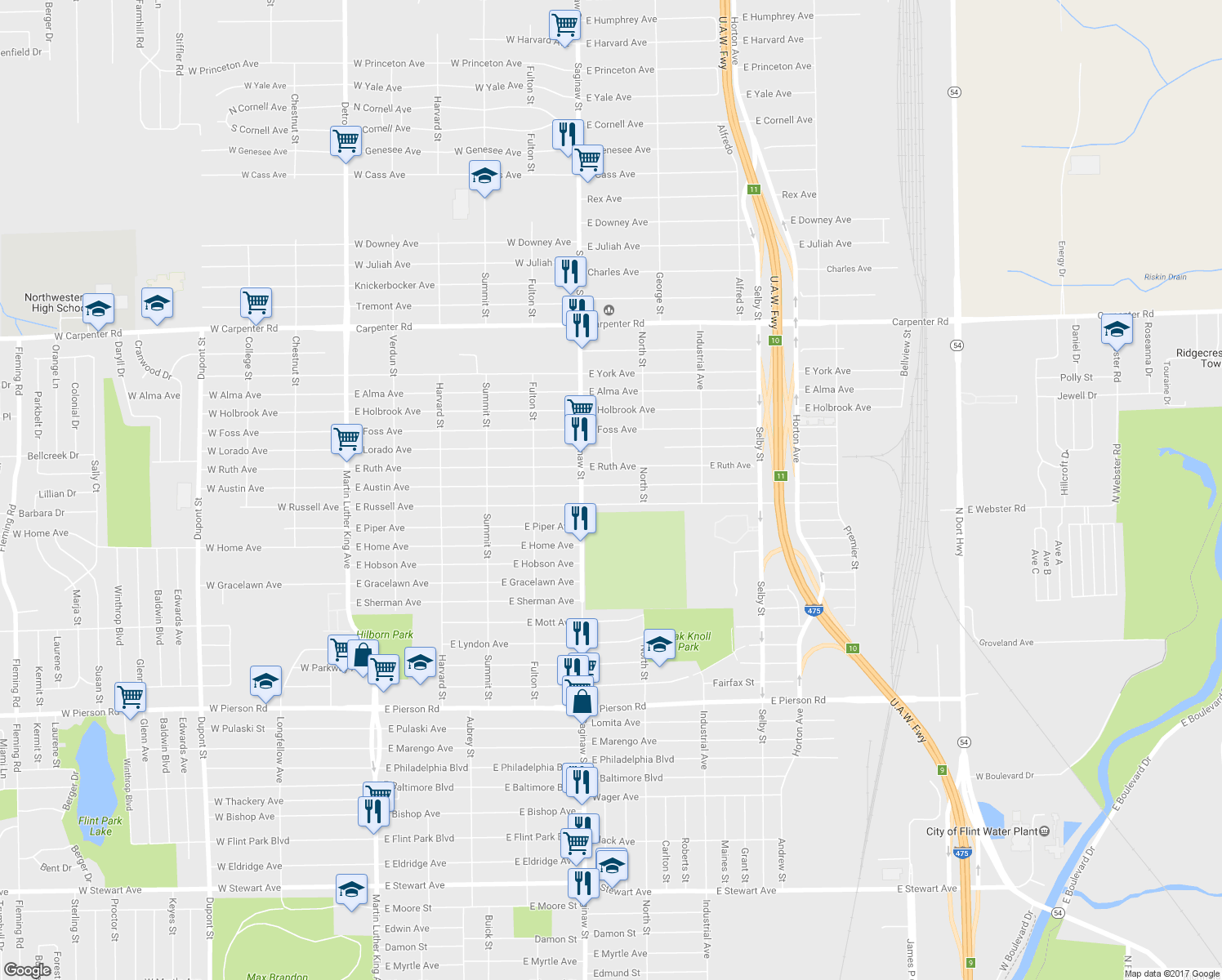 map of restaurants, bars, coffee shops, grocery stores, and more near 738 East Austin Avenue in Flint