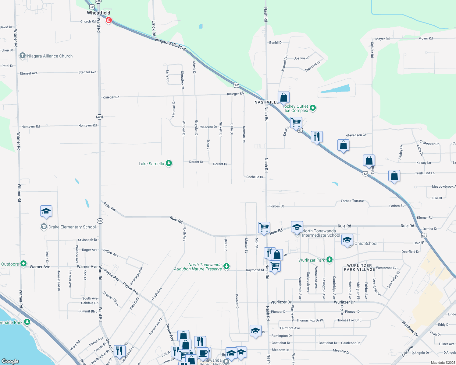map of restaurants, bars, coffee shops, grocery stores, and more near 7374 Balla Drive in North Tonawanda