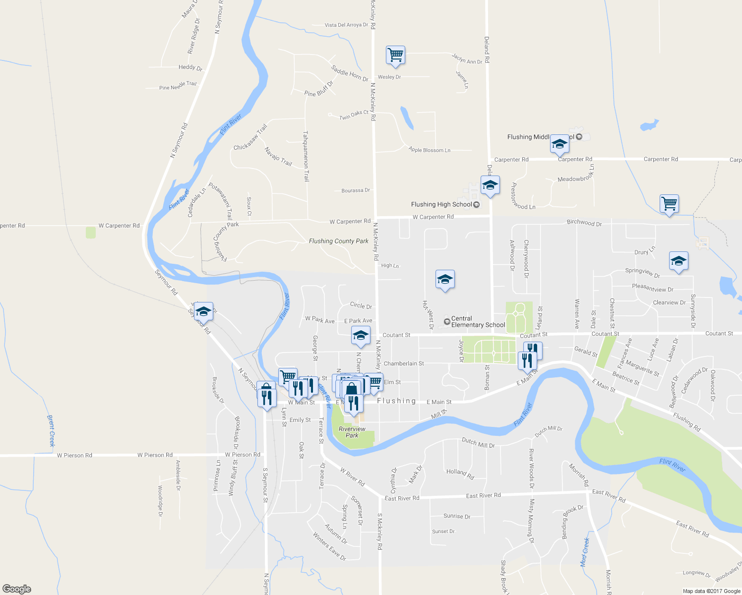 map of restaurants, bars, coffee shops, grocery stores, and more near 505 North McKinley Road in Flushing