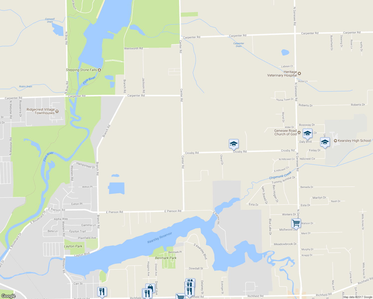 map of restaurants, bars, coffee shops, grocery stores, and more near 4021 Crosby Road in Flint