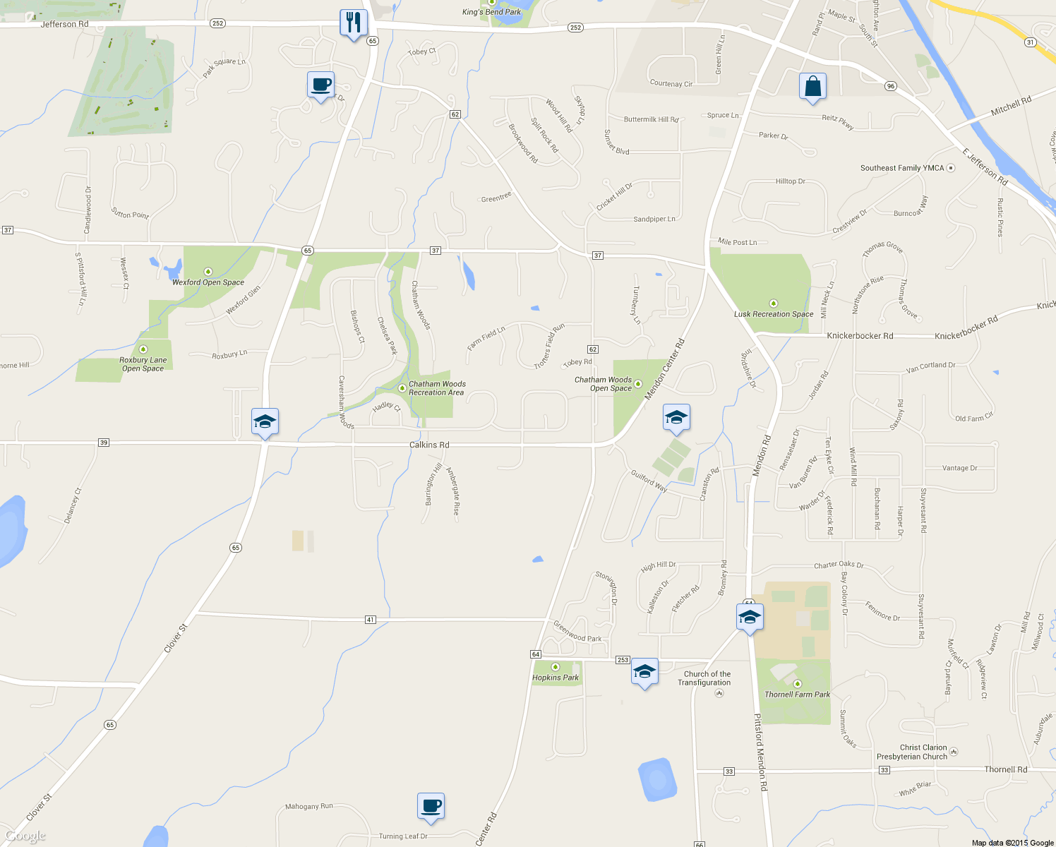 map of restaurants, bars, coffee shops, grocery stores, and more near 58 Devonwood Ln in Pittsford