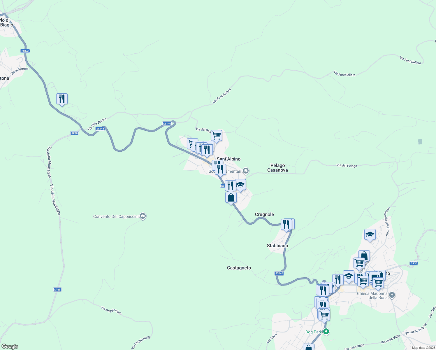 map of restaurants, bars, coffee shops, grocery stores, and more near 47 SP146 in Montepulciano