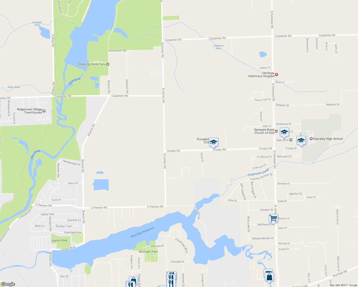 map of restaurants, bars, coffee shops, grocery stores, and more near 4071 Crosby Road in Flint