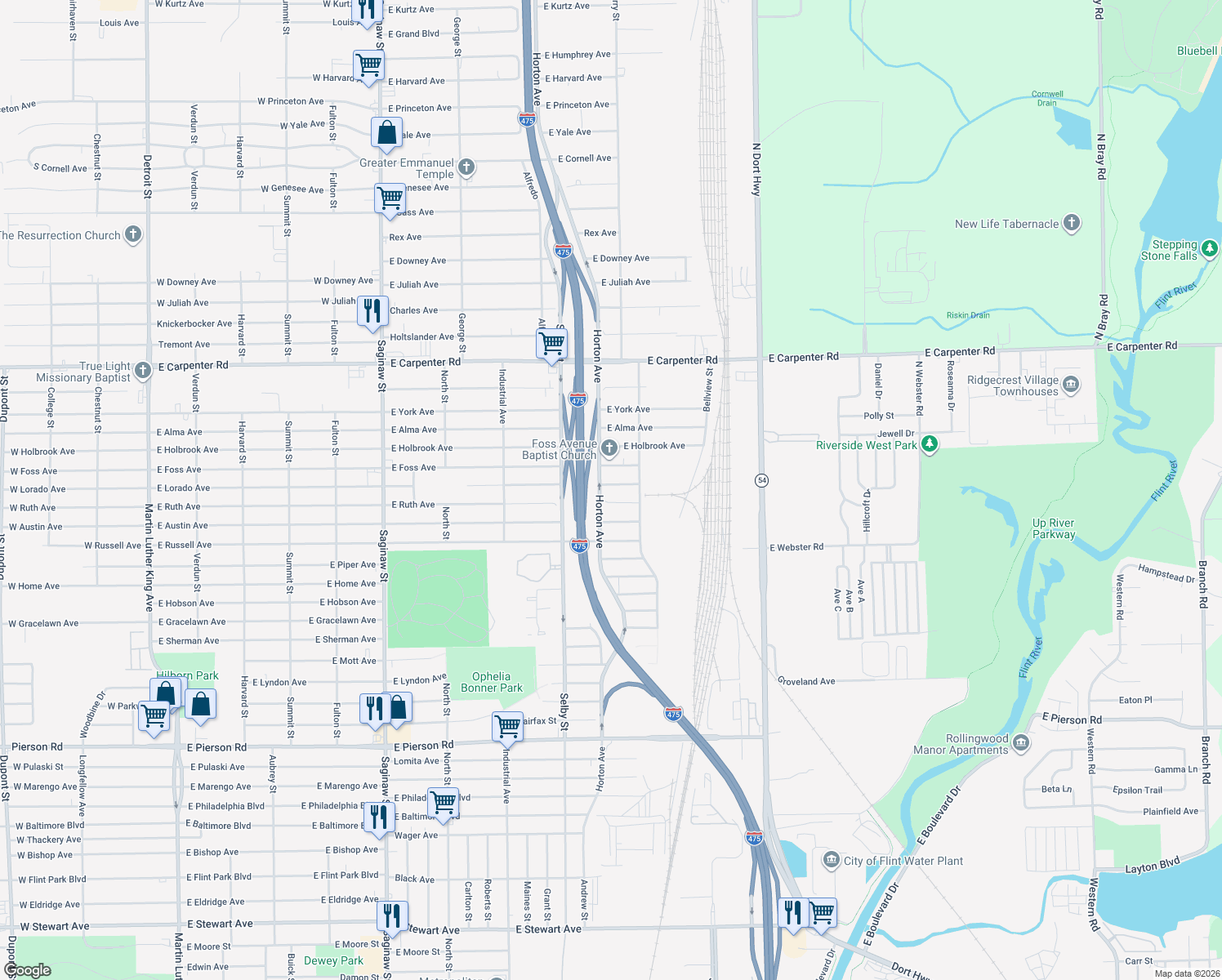 map of restaurants, bars, coffee shops, grocery stores, and more near 1162 East Lorado Avenue in Flint