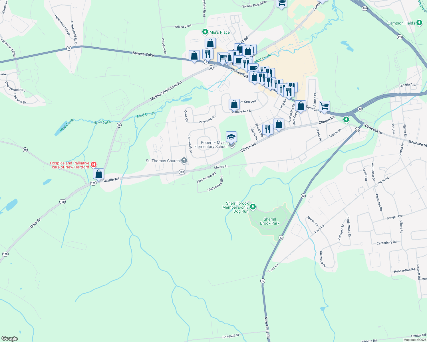 map of restaurants, bars, coffee shops, grocery stores, and more near 1 Clintonview Rd in New Hartford