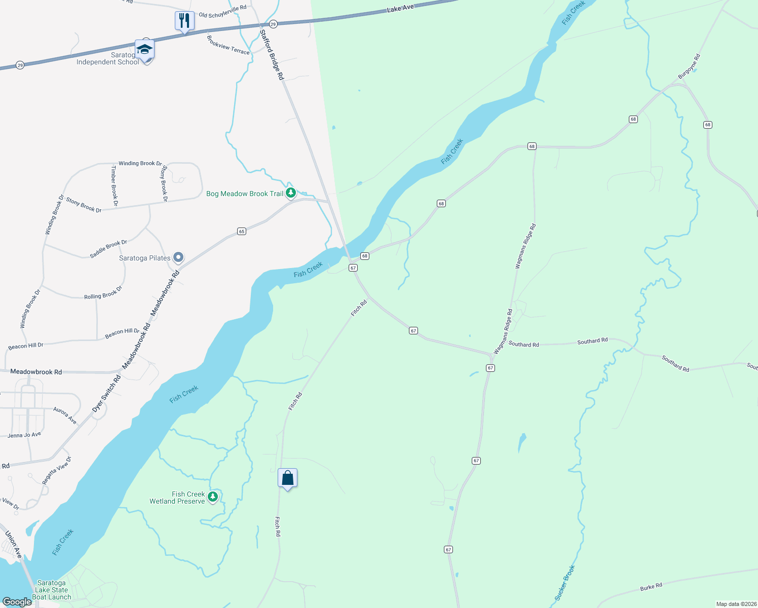 map of restaurants, bars, coffee shops, grocery stores, and more near 248 County Road 67 in Saratoga Springs