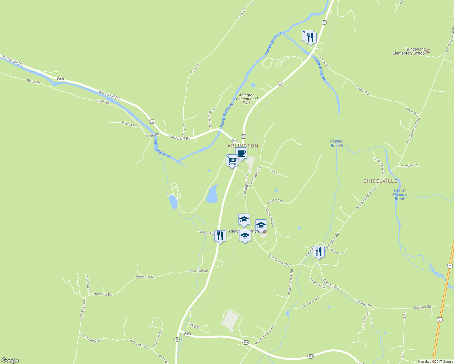 map of restaurants, bars, coffee shops, grocery stores, and more near 3633 Vermont 7A in Arlington