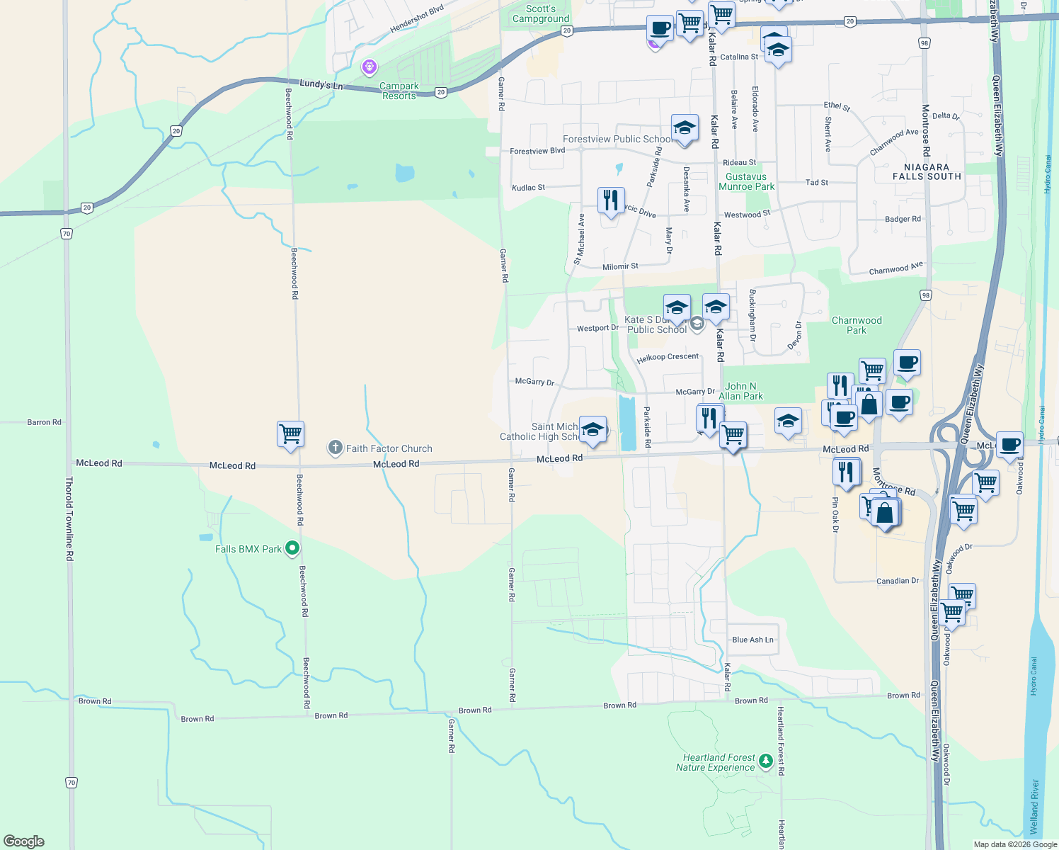 map of restaurants, bars, coffee shops, grocery stores, and more near 7113 Brittany Court in Niagara Falls