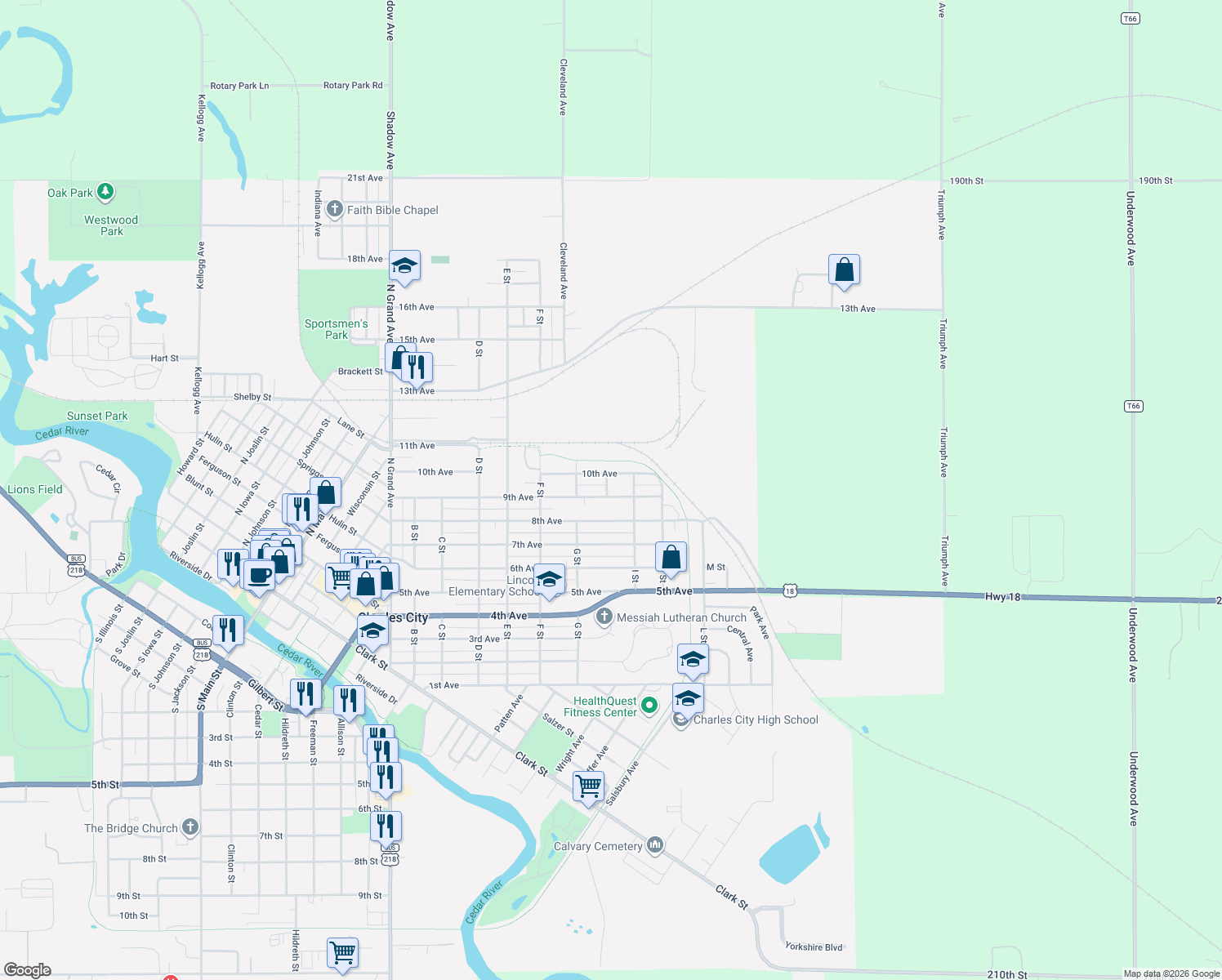 map of restaurants, bars, coffee shops, grocery stores, and more near 801 9th Ave in Charles City