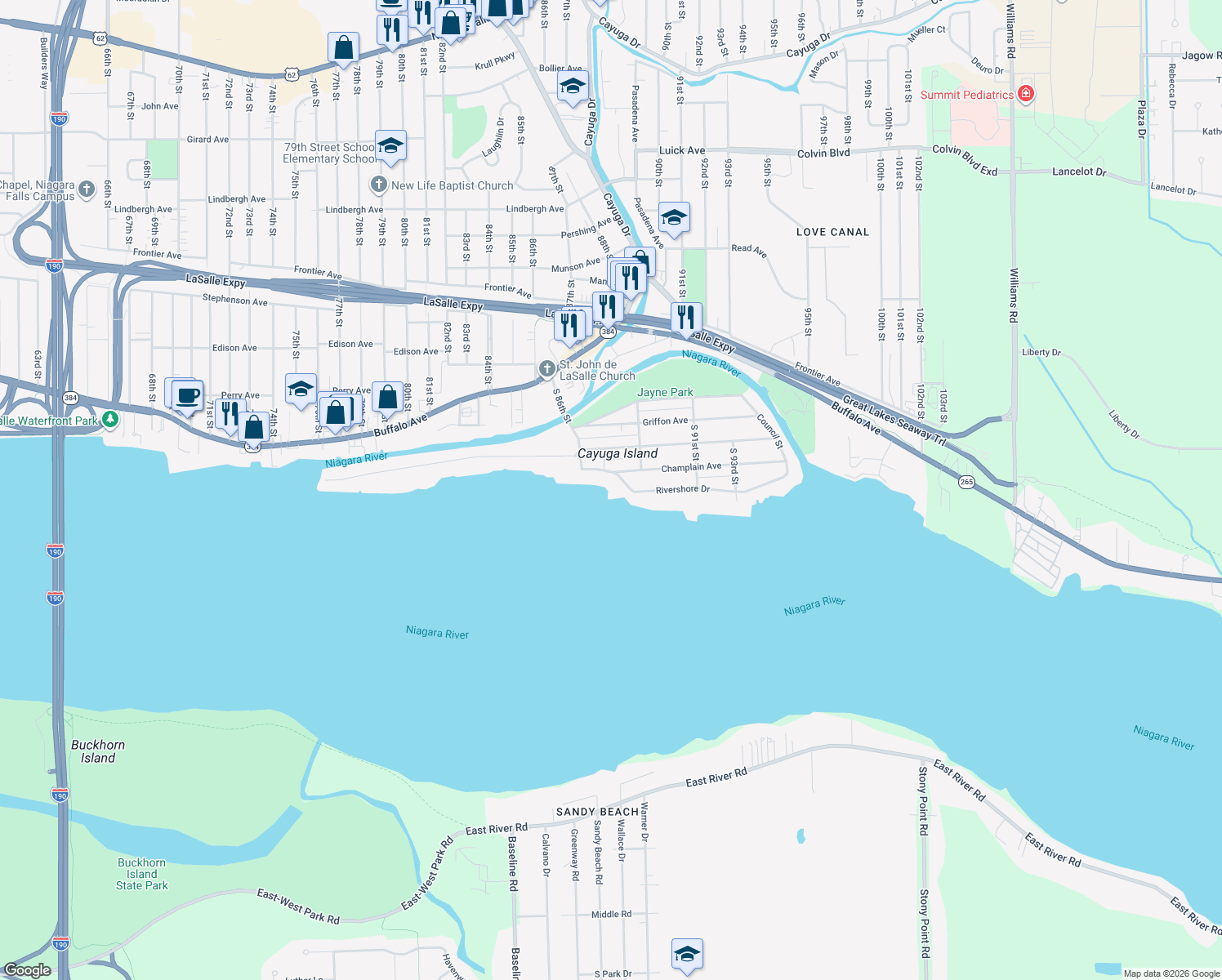map of restaurants, bars, coffee shops, grocery stores, and more near 8635 Rivershore Drive in Niagara Falls