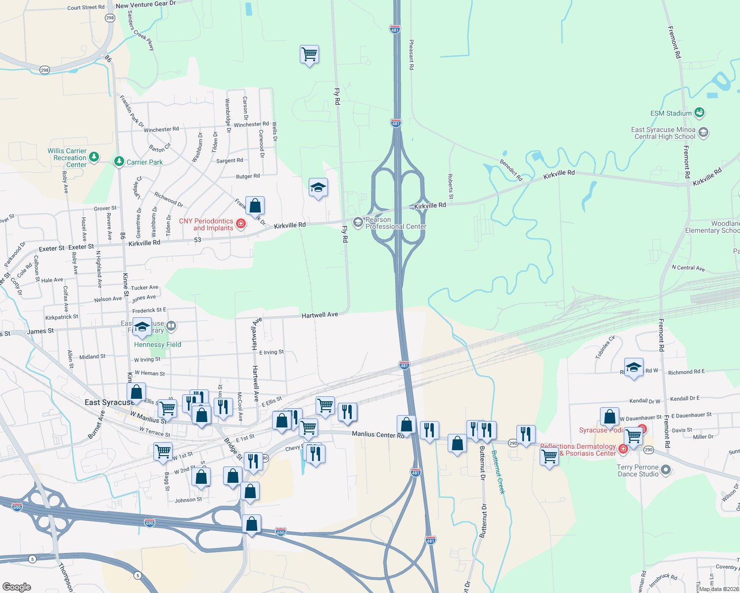 map of restaurants, bars, coffee shops, grocery stores, and more near 6232 Fly Road in East Syracuse