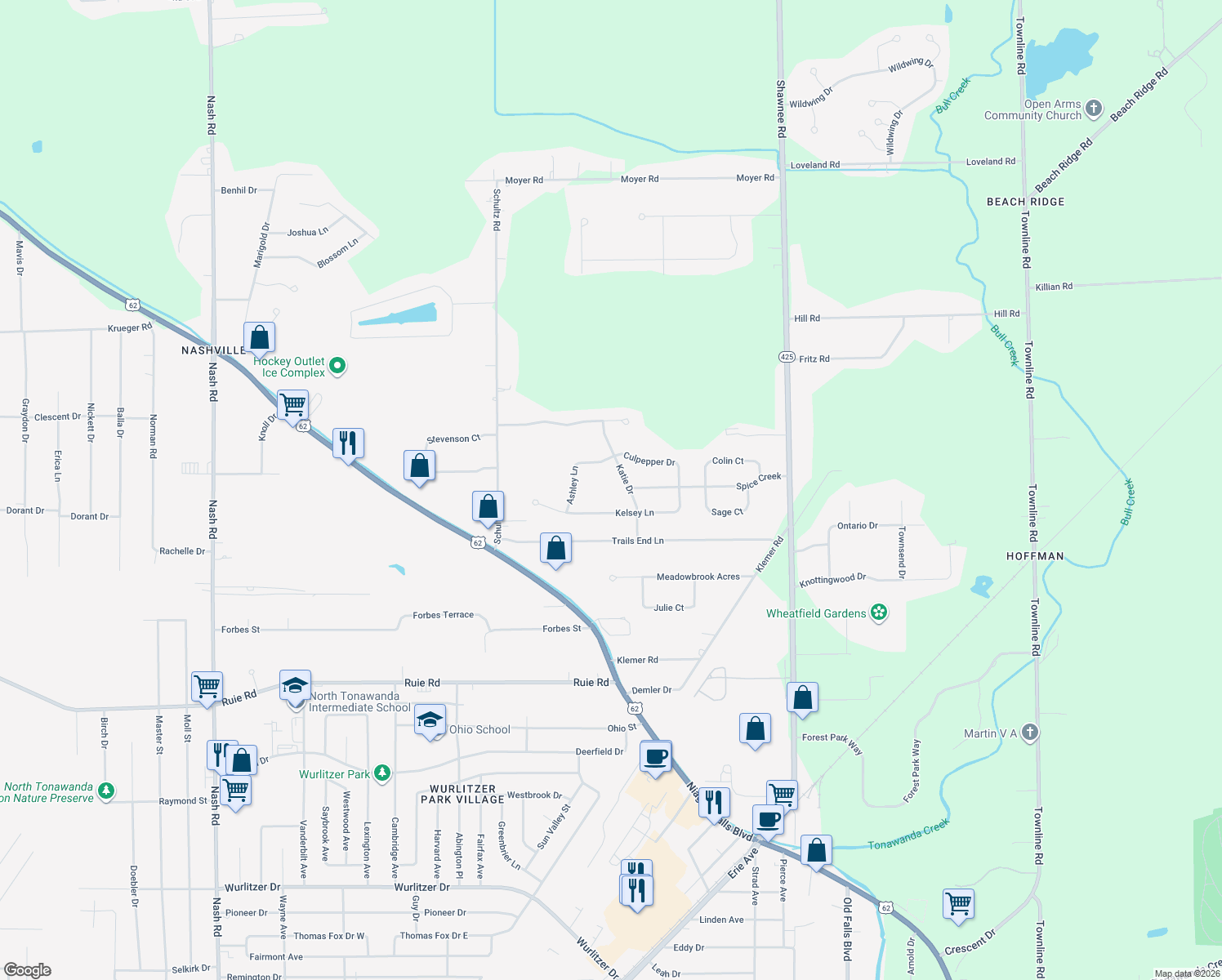 map of restaurants, bars, coffee shops, grocery stores, and more near 7268 Katie Drive in North Tonawanda