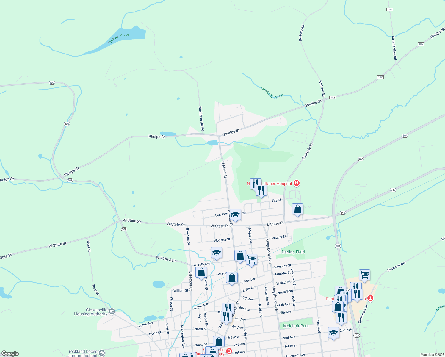map of restaurants, bars, coffee shops, grocery stores, and more near 511 North Main Street in Gloversville