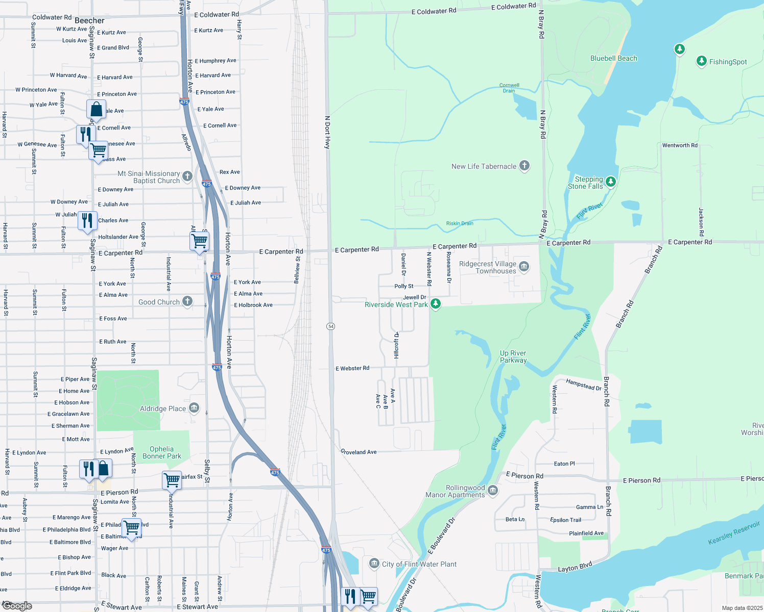 map of restaurants, bars, coffee shops, grocery stores, and more near 6702 Cecil Drive in Flint